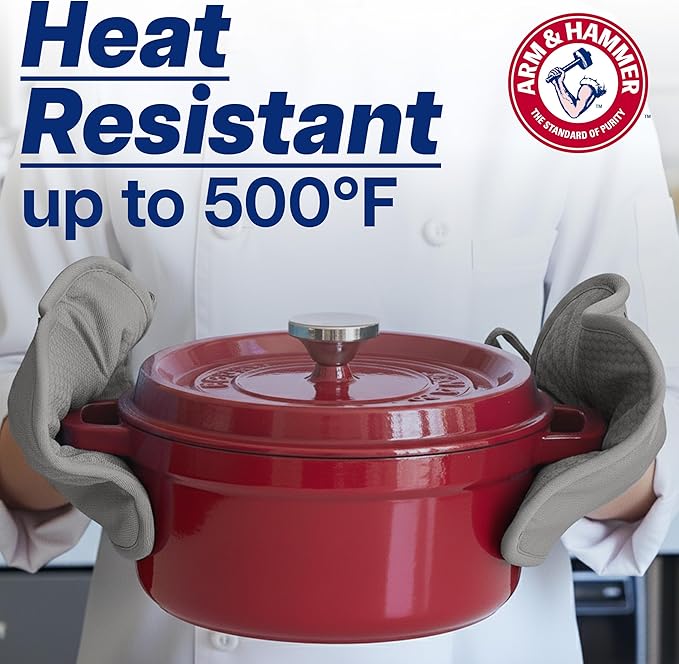 Arm & Hammer Quilted Pot Holders, Heat Resistant, Non-Slip Silicone Grip, 2 Pack, Grey