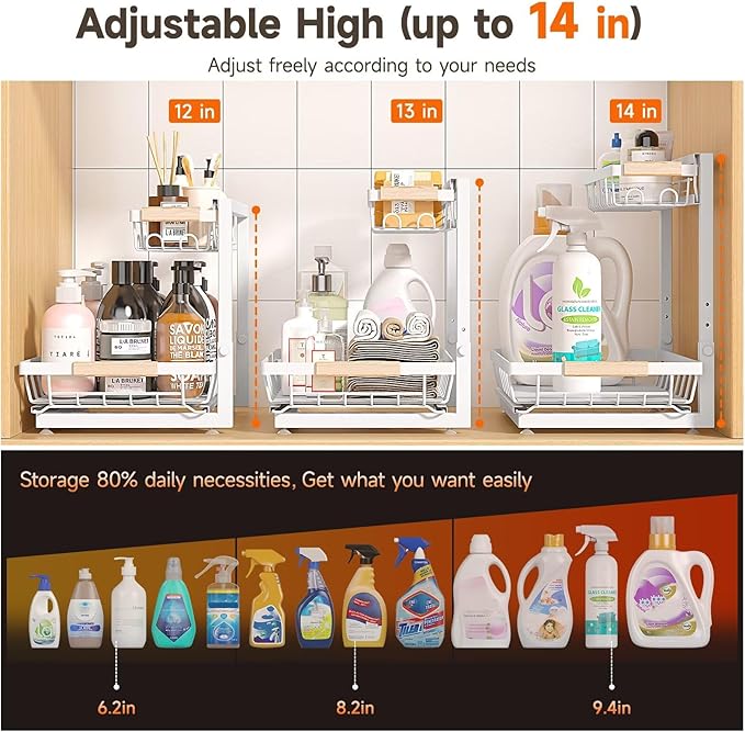 Sevenblue 2 Packs Under Sink Organizer, Height Adjustable 2 Tier Under Kitchen Sink Organizer, Multi-Purpose Storage Shelf for Kitchen Bathroom Cabinet (White, Extra Large)