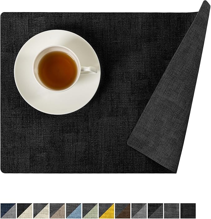 Romanstile Vinyl Placemats Set of 8-12x17 Inch, Reversible Waterproof Washable Non Slip Table Mats, Faux Leather Heat Resistant Wipeable Table Placemats for Dining/Party/Indoor/Outdoor, Grey-Black