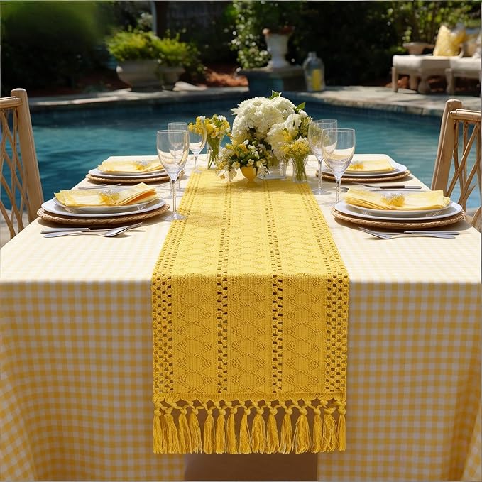 Socomi Boho Table Runner Easter Spring Farmhouse Rustic Dining Kitchen Centerpiece Decor Small Macrame Woven Cotton Linen Coffee Table Runner for Dresser Scarf Home Decor 12x60 in Yellow Gold