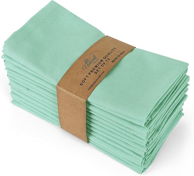NATURALCRAFT Cloth Napkins Set of 12 Cotton Linen18x18 in Washable Napkins Cloth - Soft Durable Easter - Ideal for Hotel Farmhouse Party Wedding Dinner Spring Everyday Use (Aqua Green)
