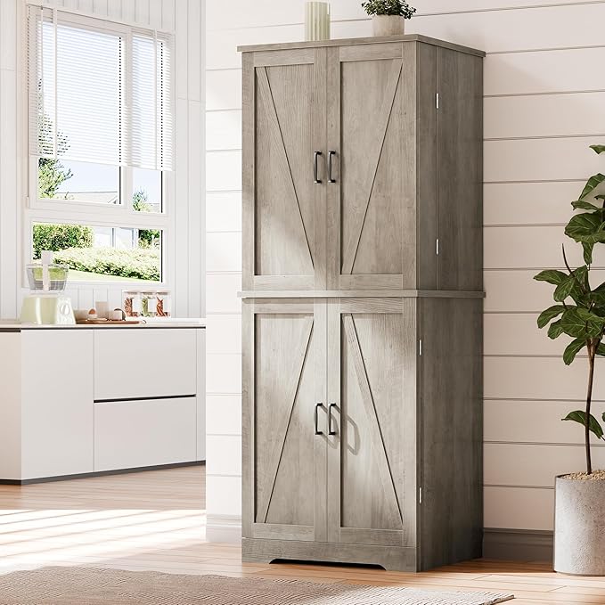 Vongrasig Kitchen Pantry Storage Cabinet with Barn Doors, Drawer and Adjustable Shelves, 6-Tier Tall Rustic Wood Cupboard Locker for Kitchen, Dining Room, Living Room, Bathroom, Rustic Grey