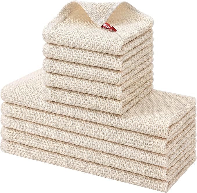 Kitinjoy 100% Cotton Kitchen Towels and Dishcloths Set, 10 Pack-13" x 28" and 12" x 12" Waffle Weave Dish Towels, Ultra Soft Absorbent Quick Drying Dish Rags, Beige