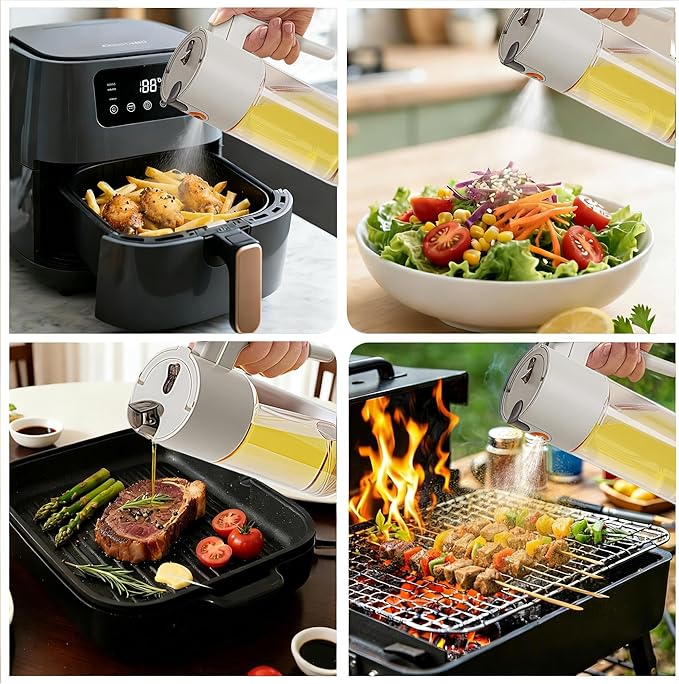Olive Oil Spray Bottle Dispenser, 2-in-1 Glass Material Kitchen Cooking Oil Sprayer, 20.3 oz/600 ml Cooking Spray, Glass Spray Bottle with Tipper, Food Grade Spray for Kitchen, Salad, Frying, Barbecue
