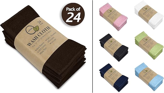 Softolle 100% Cotton Washcloths 24 Pack (12x12 Inches) Soft, Highly Absorbent Washcloth, Face Towels, Wash Cloths for Face, Ring Spun, Bulk Pack (Brown)