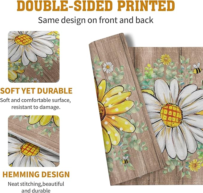 Spring Summer Floral Set of 4 Sunflower Daisy Eucalyptus Leaf Wooden Board Place Mats 12x18 Inch Rustic Vintage Flowers Farmhouse Table Mats for Home Kitchen Dining Decoration