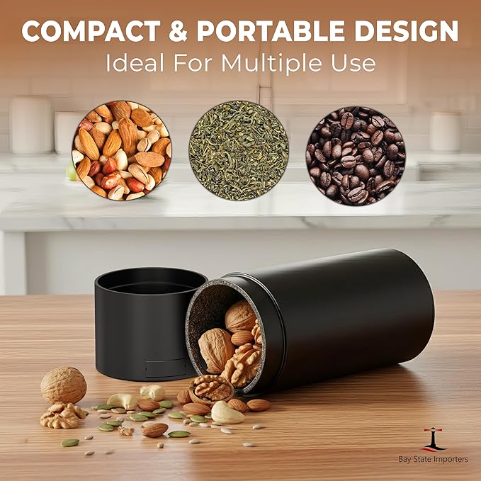 Bay State Importers Airtight Portable Storage Container for Dry Goods | Vacuum Sealed, Smell-Proof Jar with Padded Interior | Perfect for Coffee, Snacks, Spices, and Travel | Black