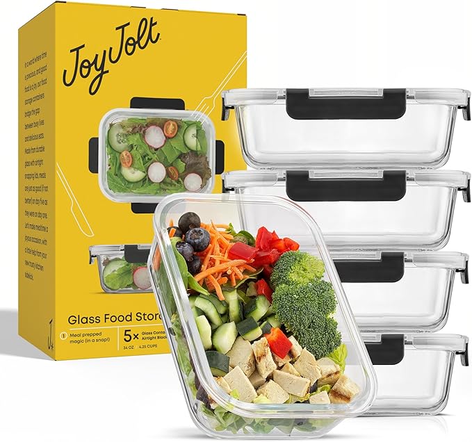 JoyJolt Glass Food Storage Containers with Lids. 5 Pack Glass Meal Prep Containers Reusable 35oz Single Compartment Airtight Container Set. Lunch Containers for Adults and Kitchen Storage Containers