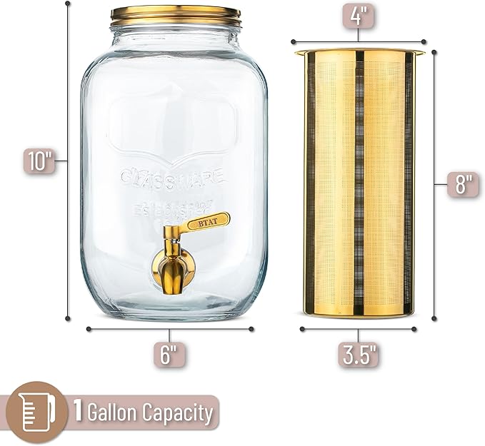 BTaT- 1 Gallon Cold Brew Coffee Maker, Thick Glass Pitcher with Stainless Steel Filter, Lid & Spigot, Iced Coffee & Sun Tea Brewer, Large Mason Jar Cold Brew Container, Fast Iced Tea Maker for Fridge
