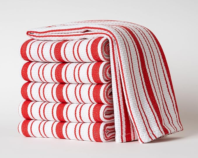 Kitchen Towels Set – Pack of 6 (20’’ x 30’’) Extra Large Premium Cotton Dish Towels for Kitchen – Basket Weave Towels – Absorbent – 100% Cotton – with Hanging Loop – Red