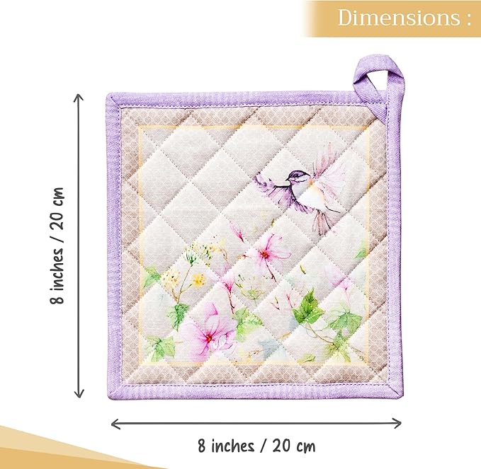 Maison d' Hermine Pot Holders 100% Cotton Heat Resistant Potholders 8" x 8" Hot Pads with Loop Cooking Baking Gifts for Mothers Day Handling Hot Pans Spring/Summer (Pack of 2, Magnolia Mornings)