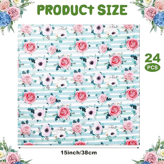 Tatuo Spring Flower Cotton Cloth Napkins Set of 24, 15 x 15 Inch Floral Dinner Napkins Soft Absorbent Washable for Family Cocktail Wedding Kitchen Dining Room Table Tea Party(Eucalyptus, Flowers)