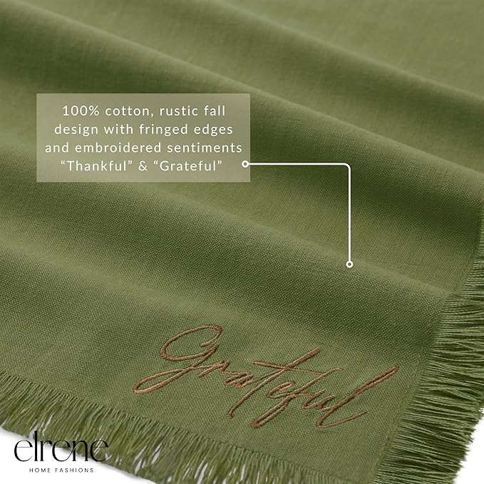Elrene Home Fashions Fringed Harvest Sentiment Cotton Napkins, Set of 4, 17"x17", Olive