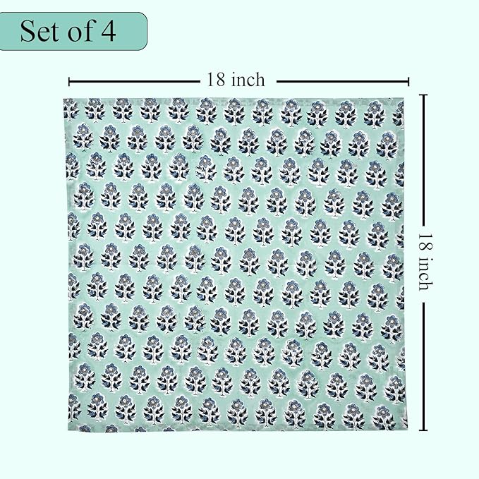 CPC Poppy Blue Indian Block Print Cotton Cloth Napkins Set of 4, 18x18 Reusable Everyday Napkins, Soft, Absorbent, Floral Dinner Napkin, Holiday, Party Gift, Spring,Mother's Day