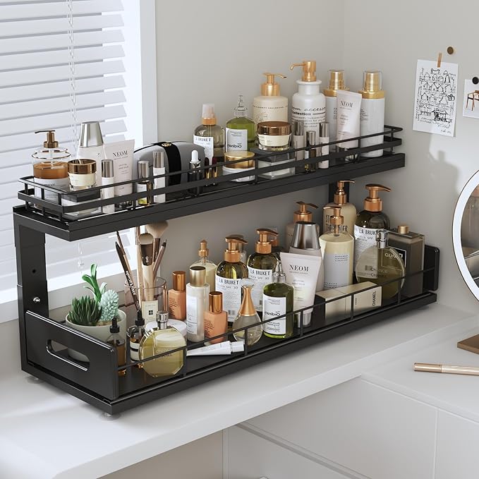Under Sink Organizer Upgrade To Professional Rails,2-Tier Dual Pull Out Cabinet Storage,Height Adjustable Slide Out Drawers For Bathroom Kitchen,2 Pack-21"Dx12.8"-16.9"H,Black