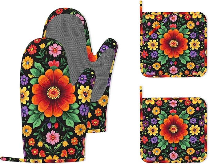 Vintage Colorful Floral Mexican Oven Mitts and Pot Holders (4PCS),Heat Resistant Non-Slip Silicone Kitchen Gloves for Cooking, Baking, BBQ Waterproof Kitchen Accessories