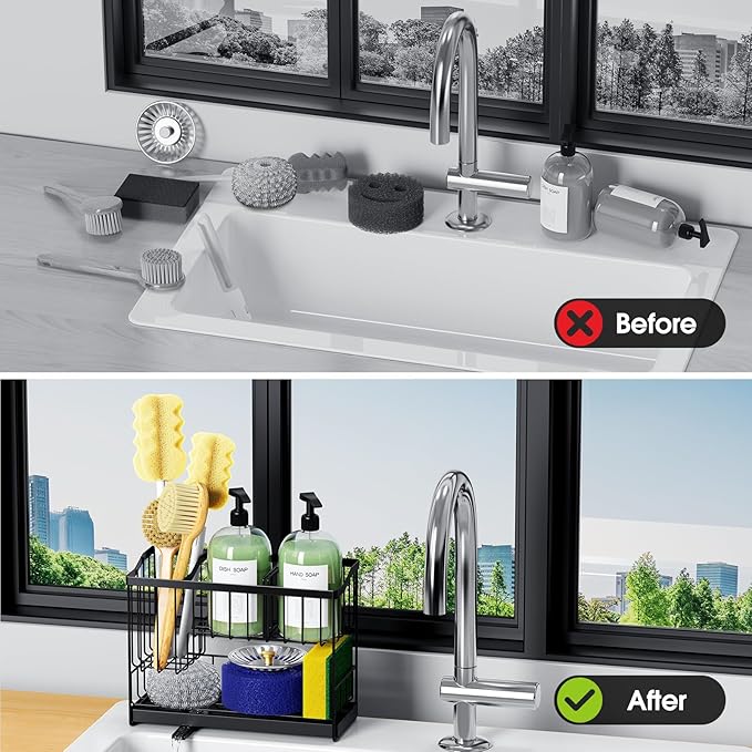 Kitchen Sink Caddy, 2-Tier Self-Draining Sponge & Dish Brush Holder, Rustproof 304 Stainless Steel Space-Saving Organizer with Drying Tray, Black