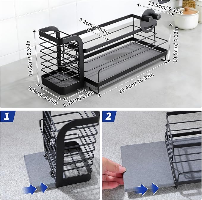 Kitchen Sink Organizer with Instant Drying Stone, Dish Sponge Holder for Kitchen Sink, Stainless Steel Kitchen Brush Holder