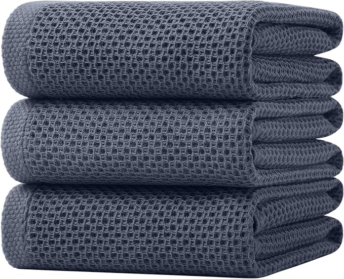 Homaxy 100% Cotton Oversized Waffle Weave Kitchen Dish Towels, 3-Pack Ultra Soft Absorbent Dish Towels, Quick Drying Cleaning Towels, 20 x 28 Inches, Dark Grey