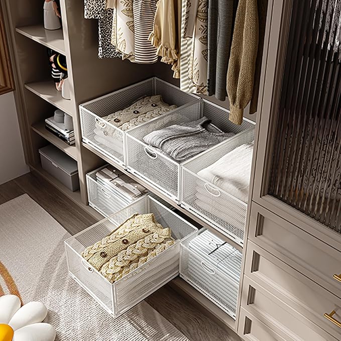 Pull Out Cabinet Organizer, No Drill Adhesive Sliding Drawers for Kitchen, Metal Mesh Wire Storage Shelf for Pantry & Under Sink, White (9.6" W x 15.7" D x 8.4" H)