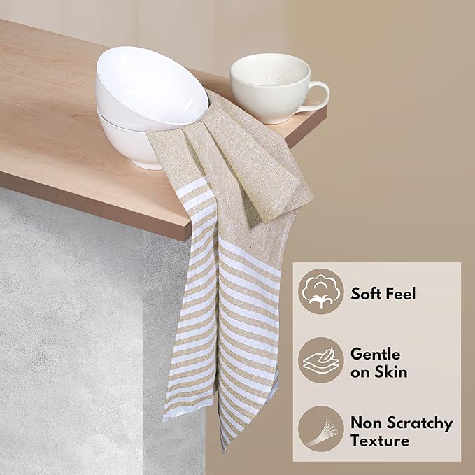 Cloth Napkins 18x18 Inches - Striped Design, 100% Cotton, Reusable & Durable Fabric Napkins for Dining, Everyday Meals, Events, Parties - Machine Washable, Set of 4, Beige