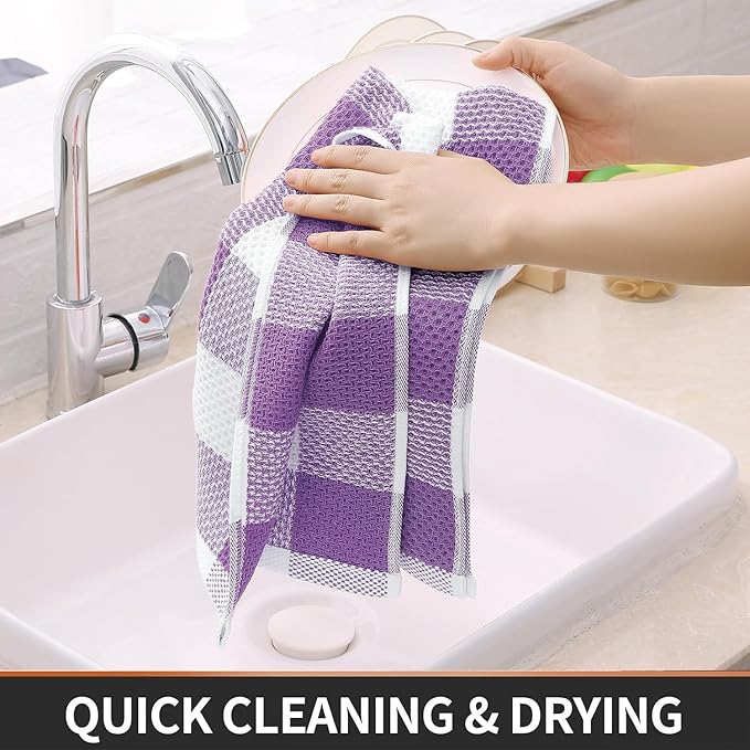 Homaxy Kitchen Towels and Dishcloths Set, 12 x 12 and 13 x 28 Inches, Set of 8 Bulk Cotton Waffle Weave Check Plaid Kitchen Towels, Super Soft and Absorbent Dish Towel, White & Purple