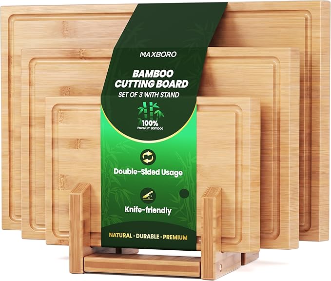 Bamboo Cutting Board Set of 3, Durable Wooden Chopping Boards with Distinctive Stand & Juice Grooves, Ideal for Meat, Vegetables, Fruit, Charcuterie Prep & Serving, Kitchen Gifts for Mom, Natural