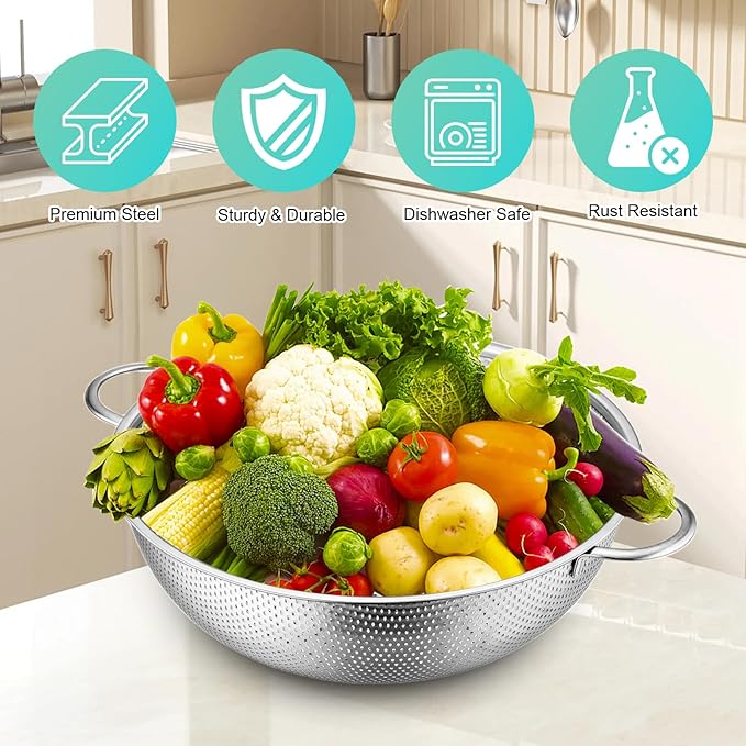 3-Piece Stainless Steel Colander Set with Handles - 5Qt/3Qt/1Qt Nesting Strainers for Pasta, Veggies, Fruit Drainage, Durable Micro-Hole Mesh for Fast Water Flow