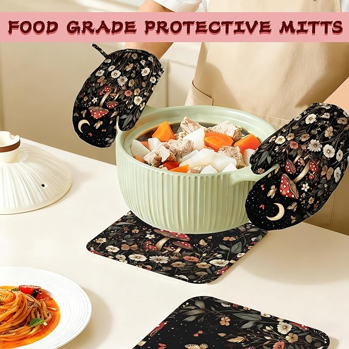 Red Mushroom Butterfly Heat-Resistant Silicone Oven Mitts and Pot Holders,Moon Plant Flowers Long Oven Gloves with Non-Slip Grip for Cooking, Baking, Grilling,BBQ