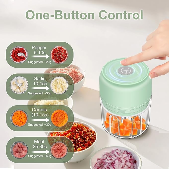 250ml (1 Cup) Electric Garlic Chopper, Portable Garlic Press, Wireless Mini Food Processor, Rechargeable Garlic Chopper Mincer for Ginger, Chili, Onion, Minced Meat and Spices (Green)