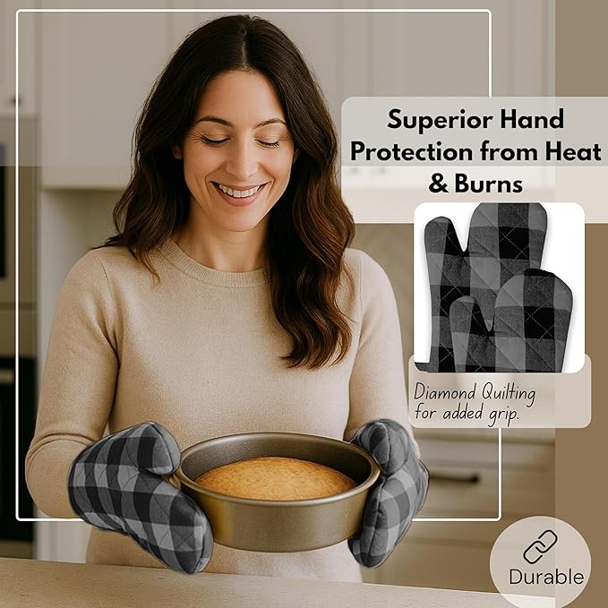 Native Fab Buffalo Plaid Check Oven Mitts and Pot Holders Set of 4, 100% Cotton Heat Resistant Kitchen Gloves, 2 Oven Mitts (7x13), 2 Pot Holders (8x8) for Cooking & Baking, Ash Grey Black