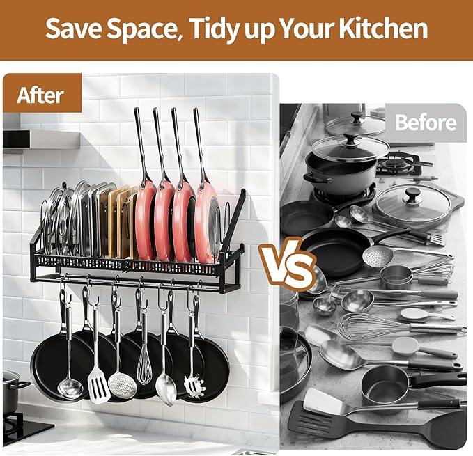 Housolution Pan Rack Wall Mounted, 24.8" Vertical Lid Organizer with 14 Adjustable Dividers, Heavy Duty Hanging Cookware Holder Hanger with 6 S-Hooks & 6 Vertical Hooks