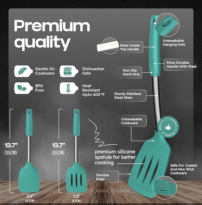 BakeRoyal Silicone Spatula Set - Turner Spatulas Silicone Heat Resistant 600°F - Slotted & Solid Spatula for Cooking Fish, Eggs, Pancakes Flipper – Spatulas for kitchen use – Turquoise