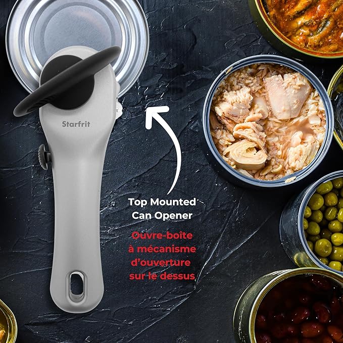 Starfrit Securimax Auto Can Opener - Patented Safe Edge Technology with Lid Lifter - Leaves No Sharp Edges on Lid & Can - Heavy Duty Non-Slip Knob - Grey