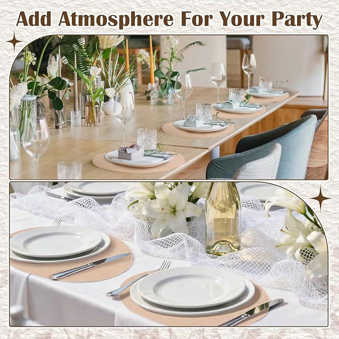 Burlap Placemats Set of 36 Round Non Slip Heat Resistant Table Mats Woven Jute Cloth Place Mats 12 Inch Boho Washable Linen Placemat for Thanksgiving Fall Kitchen Dining Farmhouse Party Table Decor