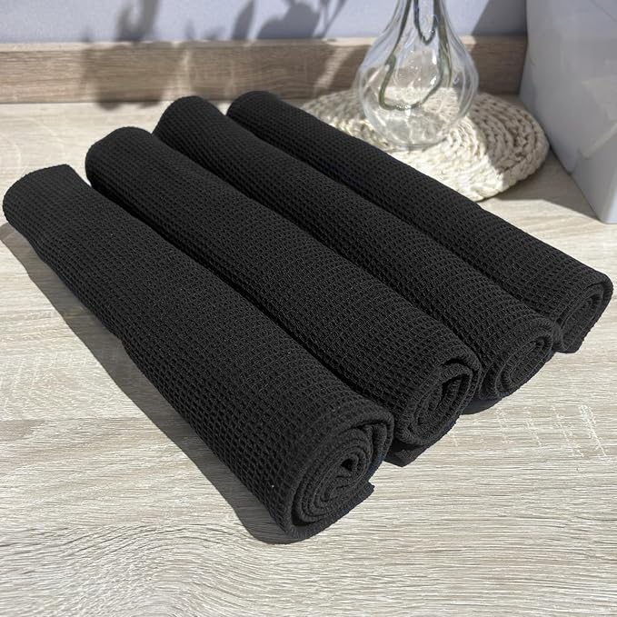 PY HOME & SPORTS Dish Towels Set - 4 Pieces 17 x 25 Inches Black 100% Cotton Waffle Weave Kitchen Towels, Super Absorbent Kitchen Hand Dish Cloths for Drying and Cleaning