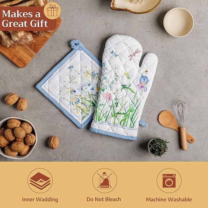 Maison d'Hermine Oven Gloves 100% Cotton Oven Mitt 7" x 13" with Loop Heat Resistant BBQ Cooking Gloves Baking Grilling Gifts for Mothers Day Spring/Summer (Pack of 1, Fleurs De Mai)