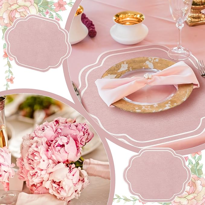 Breling Set of 6 Wedding Placemats Scalloped Embroidered Cotton Linen Placemats 17" x 13" Double Layered Machine Washable Table Place Mat for Party Table Decor(Pink)