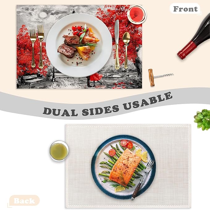 Placemats Set of 6,Vintage Eiffel Tower Linen Table Mats Heat Resistant Place Mats Washable Dining Table Mats for Indoor Outdoor Kitchen Decor Easy Clean 12 x 18 Inch