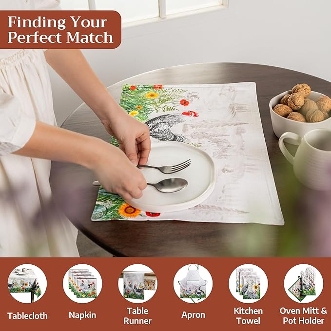 Maison d' Hermine Placemats Set of 4 100% Cotton Washable Cloth Place Mats Reusable Table Mats for Kitchen Dining Party Wedding Gifts for Mothers Day Spring/Summer (Basse Cour, 13" x 19")