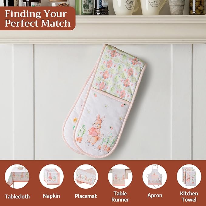 Maison d' Hermine Double Oven Mitts 100% Cotton 7"x35" Double Oven Mitt Heat Resistant BBQ Cooking Gloves with Loop Baking Grilling Gifts for Mothers Day Spring Summer (Bunny Party)