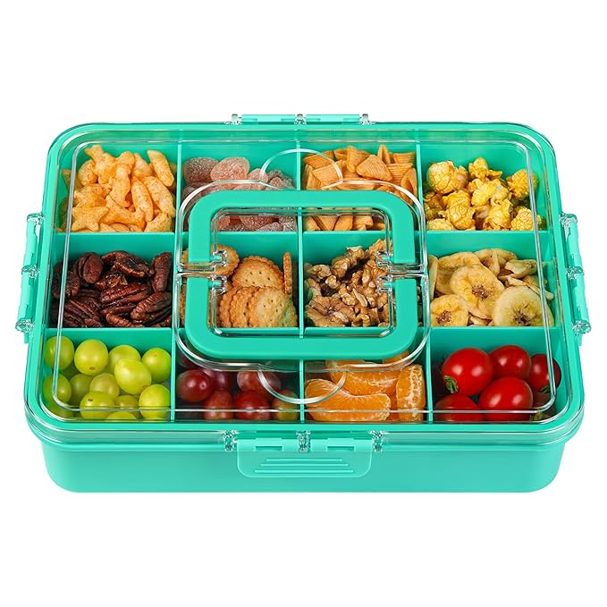 Xyptorix Snack Box Container for Kids - Adjustable 12-Compartment Snack Containers, Reusable Bento Box, Dishwasher Safe, BPA-Free, Perfect for School, Travel, Camping & Picnic, Green, Large