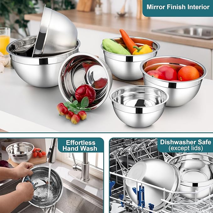 LIANYU 6 Piece Stainless Steel Mixing Bowls, Large 7, 3.5, 2.5, 2, 1.5, 1 QT Metal Bowls Set, Kitchen Nesting Bowls for Salad Cooking Prepping Food Storage, Dishwasher & Freezer Safe, Blue