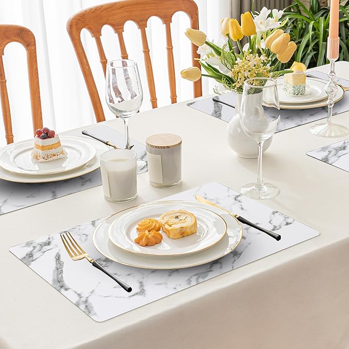 Romanstile Vinyl Placemats Set of 8-12 X 17 Inch - Faux Leather 100% Waterproof Oil-Proof Wipeable Place Mats, Heat Resistant Reversible PU Table Mats for Kitchen Dining Party Outdoor, Marble
