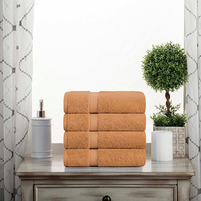 SUPERIOR Egyptian Cotton Pile Hand Towel Set of 4, Ultra Soft Luxury Towels, Thick Plush Essentials, Absorbent Heavyweight, Guest Bath, Hotel, Spa, Home Bathroom, Shower Basics, Rust