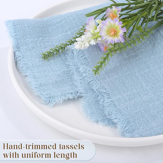 TURSTIN 12 Pieces Cotton Linen Cloth Napkin Handmade Cloth Napkin with Fringe 17 x 17 Inch Soft Cloth Dinner Wedding Napkin Square Rustic Fringe Table Napkin for Dinners, Parties, Weddings, Light Blue