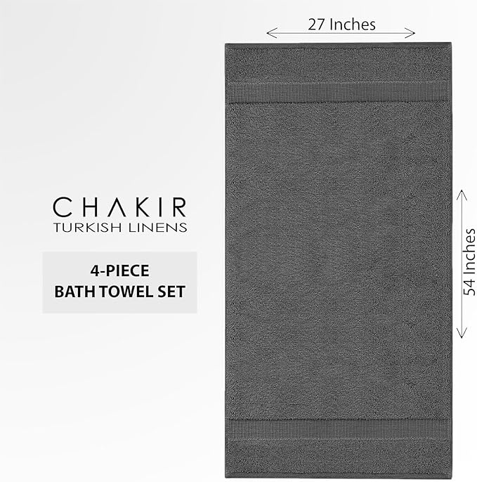 Chakir Turkish Linens 100% Cotton Premium Turkish Towels for Bathroom | 27'' x 54'' (4-Piece Bath Towels - Dark Gray)
