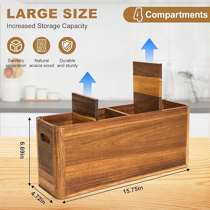 Utensil Holder, Kitchen Utensil Holder, Acacia Wooden Utensil Holder, Kitchen Utensil Holder for Countertop, Extra Large Utensil Holder for Storage Cooking Tools and Silverware with 4 Compartments