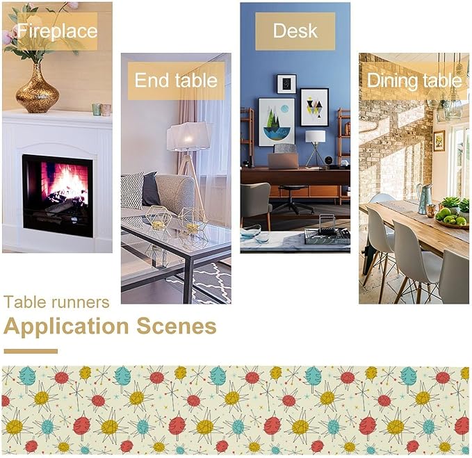 Mid Century Table Runner Retro Abstract Boho Geometric Atomic Starbursts Art Printed Dinner Runner for Home Kitchen Dining Table Decor Fabric 1 Panel W13xL70in