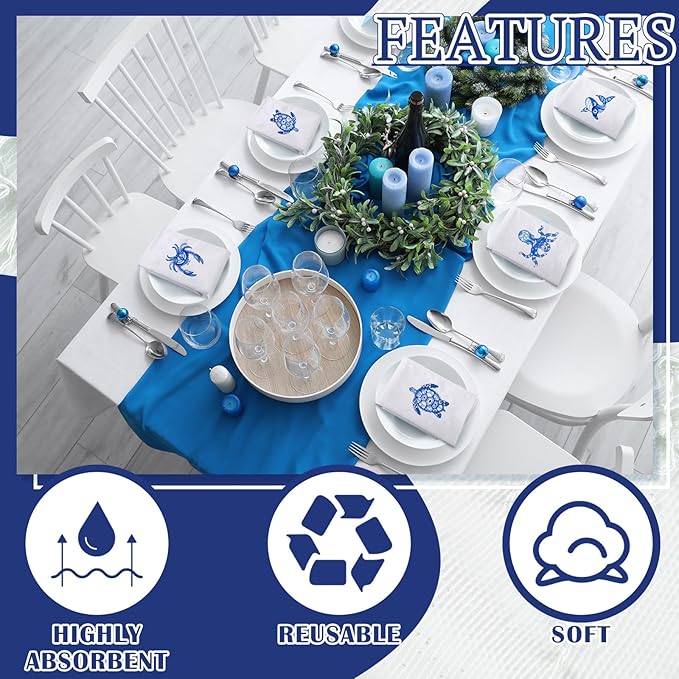 HunnmingRe 12 Pcs Nautical Cloth Napkins Bulks 100% Cotton Summer Blue Fabric Cocktail Napkins Tortoise Crab Octopus Whale Embroidered Handtowel Reusable Washable for Kitchen Weddings 17x17inch